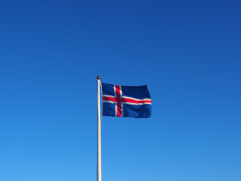 5K, white, pole, national icon, nature, patriotism, day, low angle view, iceland, environment, flag, red, copy space, flutter, waving, blue, clear sky