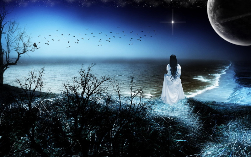 moon, 3d and abstract, blue, lady, despairing, 1080P, fantasy