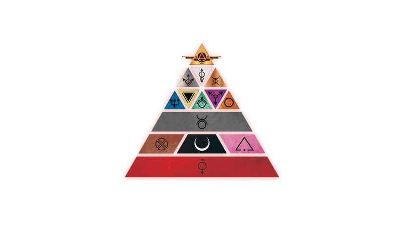 text, Red Rising, white background, triangle shape, artwork, no people, religion, sign, human representation, studio shot, close-up, indoors, multi colored