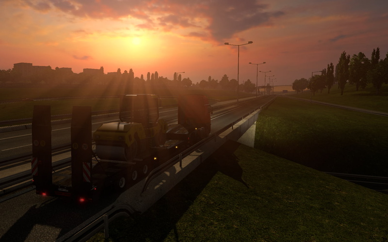 Volvo FH16, 720P, sunset, highway, cargo, video games, Sun, Euro Truck Simulator 2, trucks