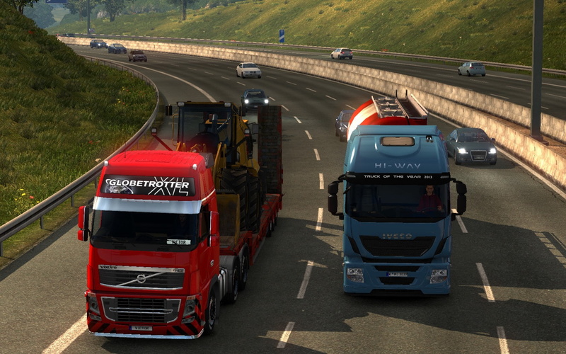 incidental people, multiple lane highway, highway, motor vehicle, red, transportation, outdoors, car, high angle view, nature, travel, city, euro truck simulator 2 video games night sun morning road car trucks cargo