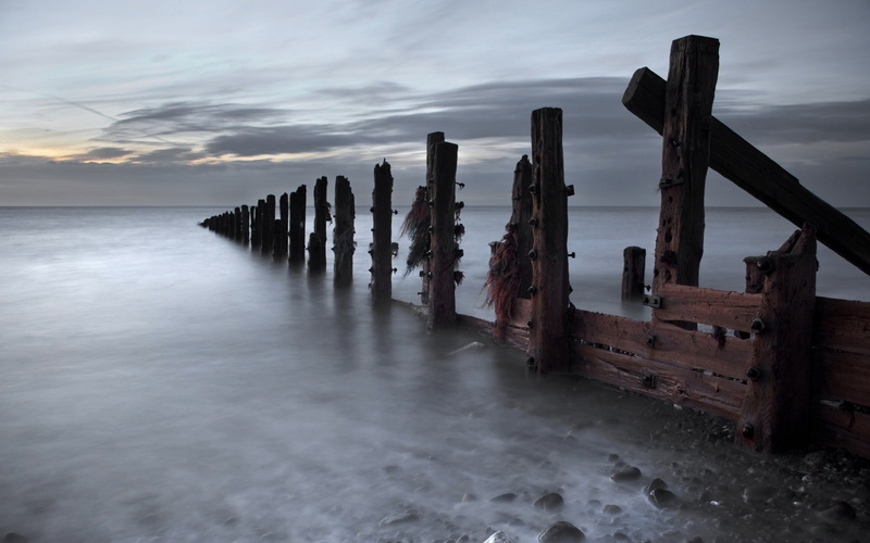 sea, sunset, body, scenics - nature, sky, cold, land, tranquil scene, 1080P, wood - material, horizon, horizon over water, stakes, wooden post, coast