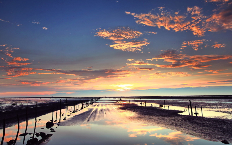 evening, 720P, sand, outflow, stakes, water