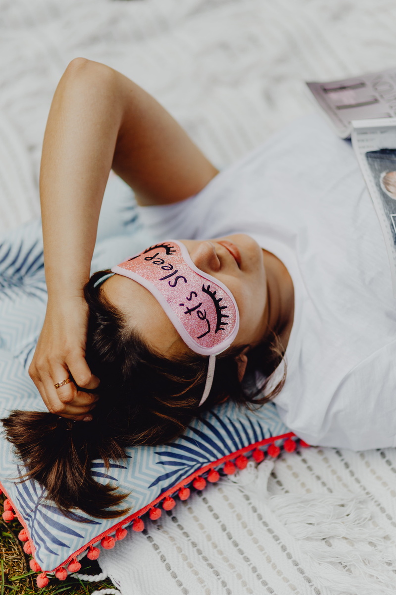 joyful, high angle view, young adult, view, adult, cute, women, sleeping mask, young women, lovely, girly, girl, bed, bedroom, hairstyle, bedroon, woman