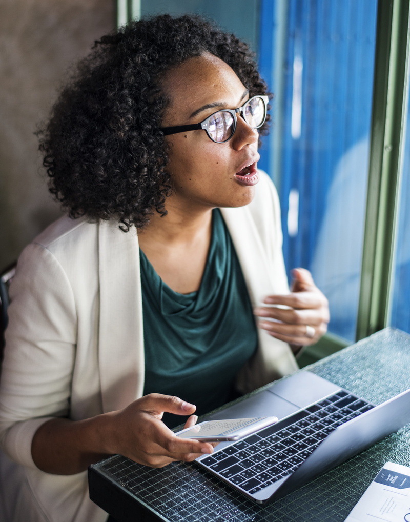 black, business person, computer, 4K, women, sitting, curly hair, one person, businesswoman, digital device, business, holding, employee, using laptop