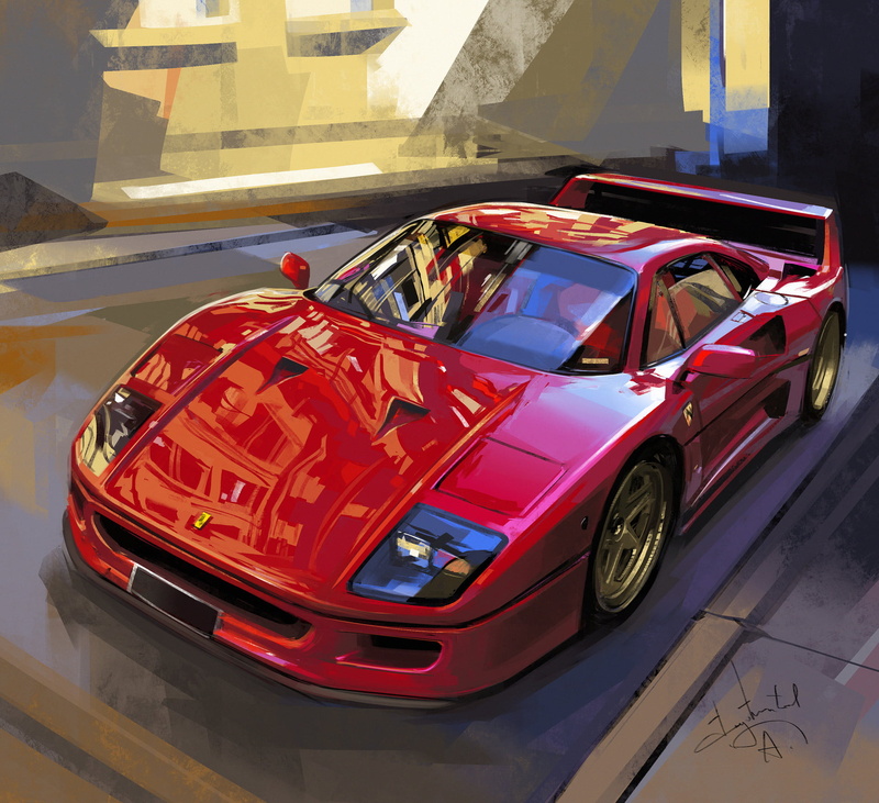 street, car spoiler, sports car, red cars, reflection, Aleksandr Sidelnikov, 1987 Ferrari F40, car, 1080P