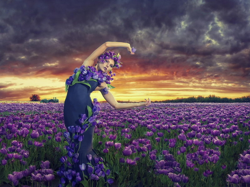 Tulips, 1080P, Purple, Girl, Garden, Flowers