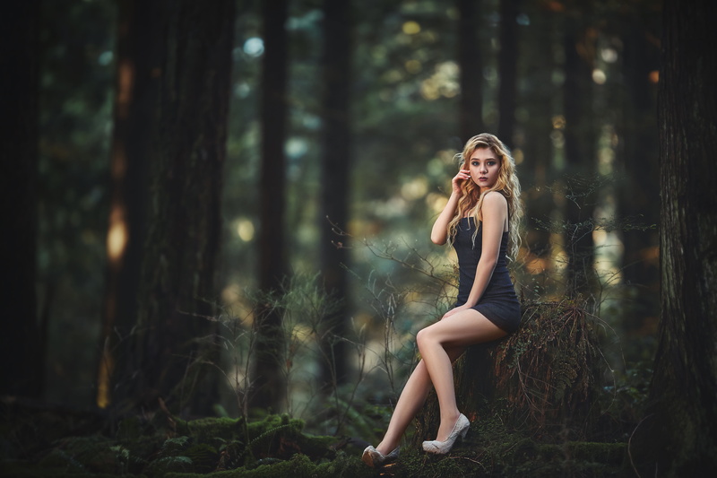 blonde, 5K, looking at viewer, sitting, high heels, young women, beautiful woman, full length, beauty, tree, fashion, clothing, lifestyles, wood, leisure activity