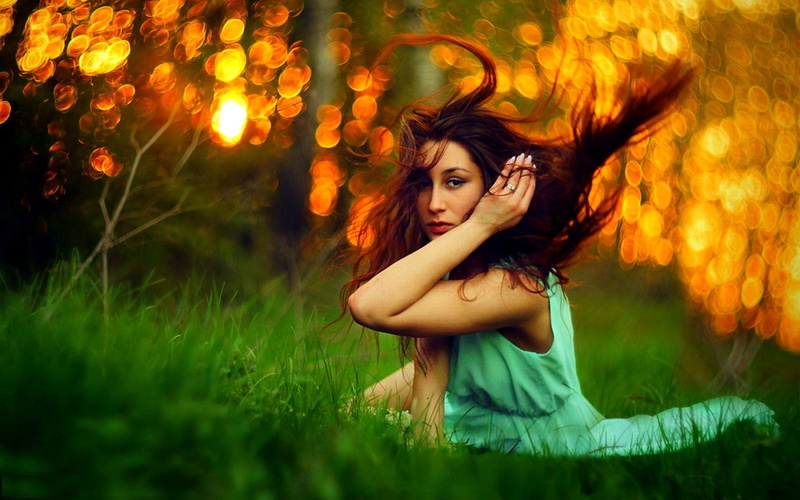 hd, nature, women, Green, sun, forest, dress, brunettes, grass, forests, x, yellow, blender, art, 1080P