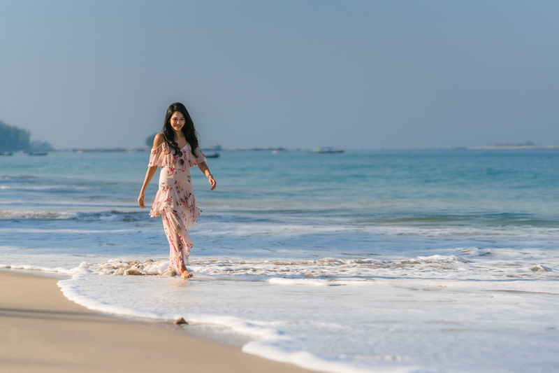 barefoot, beach, motion, outdoors, land, clothing, beautiful woman, water, horizon over water, women, one person, sea, sundress, long hair, 1080P, hair