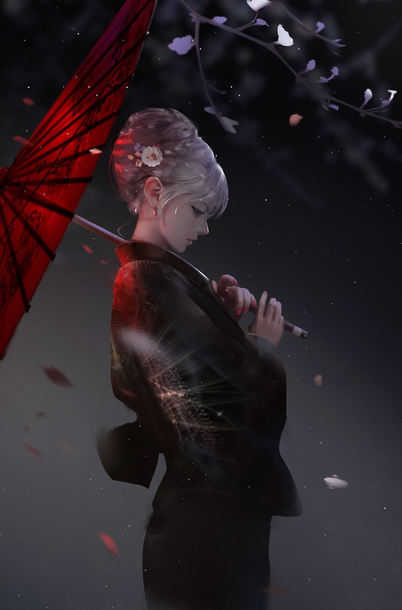 petals, umbrella, Yue Yue, silver hair, Asian, wind, drawing, hairbun, branch, 720P, profile, Chinese dress, women, night, flower in hair
