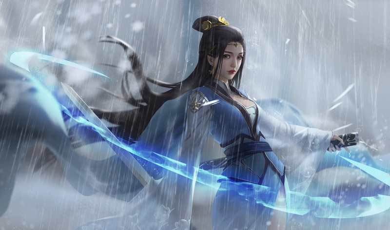 wind, 1080P, dress, sword, Allen Hsieh, Asian, rain, dark hair, hair accessories, women, Chinese dress, weapon, blue clothing, drawing