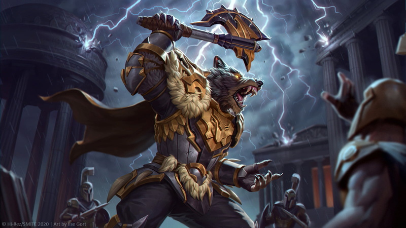 Smite, Anthro, armored, gauntlets, watermarked, weapon, gloves, 720P, Thor (Smite), pointy teeth, wolf, storm, lightning