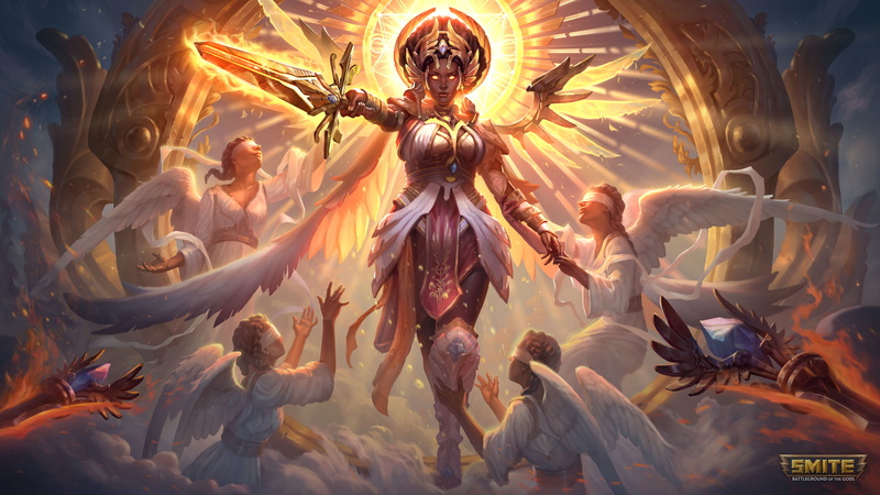 Yemoja (Smite), Smite, watermarked, angel, mythology, sword, crown, 4K, wings
