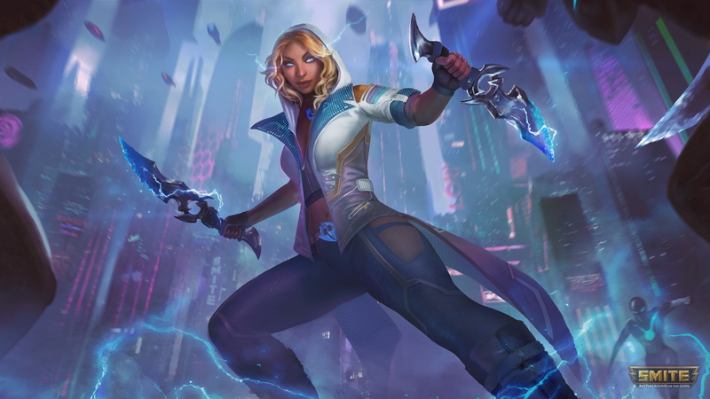 Pele (Smite), mythology, watermarked, Smite, electricity, 4K, flying car, dagger, city
