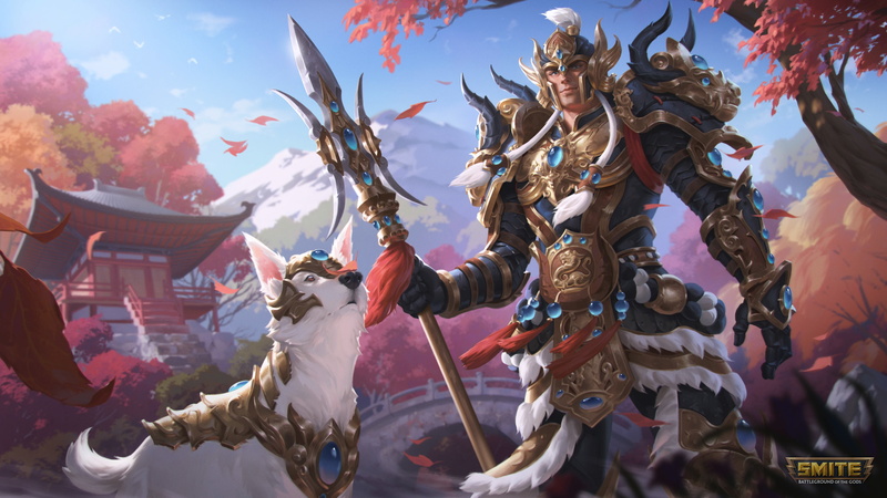4K, spear, dog, Erlang Shen (Smite), armored, sakura (tree), trees, cherry trees, bridge, mythology, Chinese mythology, Asian architecture, watermarked