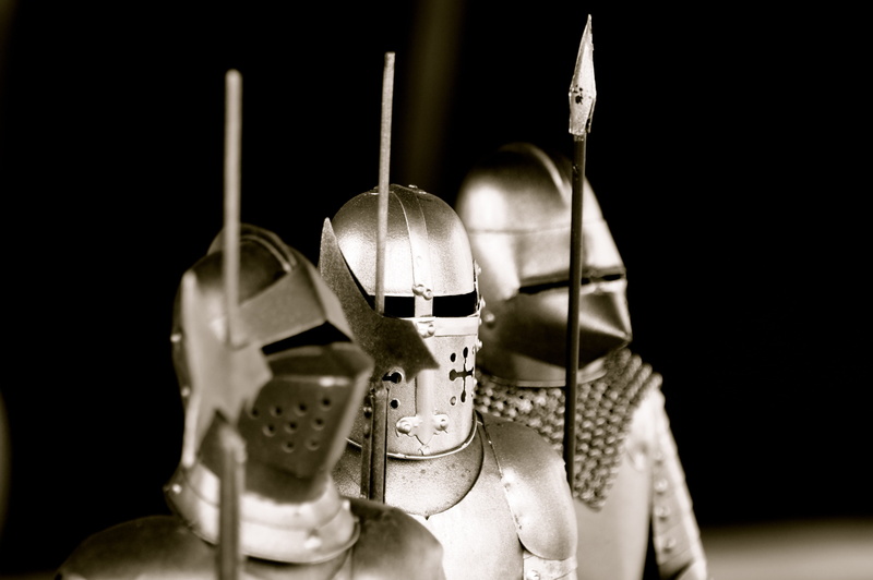 metal, variation, white, close-up, visor, knight, black, fight, silver, grayscale, no people, selective focus, spear, warrior, knight - Person, three, choice