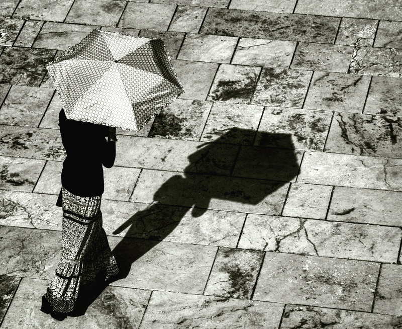 solar, city, womens, clothing, protection, shadow, high angle view, paving stone, fashion, walk, sun visor, sun umbrella, street, walking, umbrella, 4K