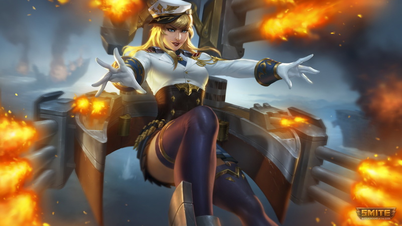 gloves, Nu Wa (Smite), cannons, Battleship, Smite, skirt, Nu Wa, 4K, mythology, watermarked