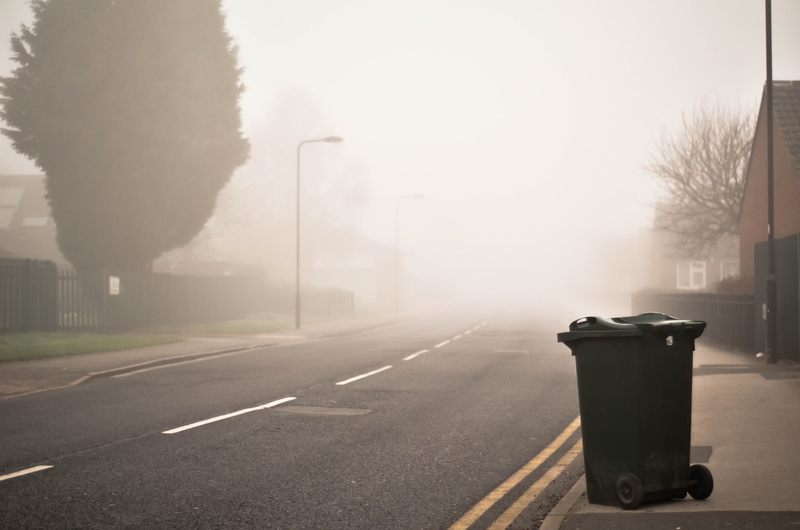 garbage, can, 4K, air pollution, bin, trash bin, city life, transportation, outdoors, plant, sky, city, foggy, sign, building exterior, fog, beside, day