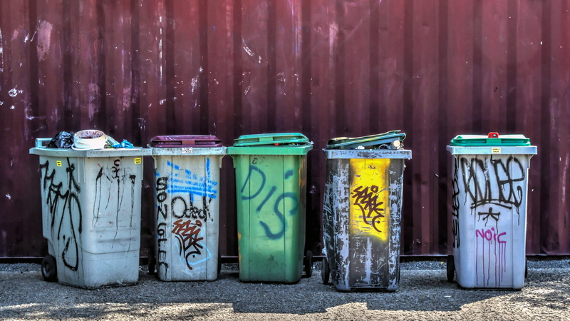 waste, gray, environmental conservation, no people, container, blue, side by side, trash, recycling bin, environmental issues, day, green, bins, messy