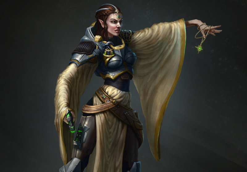 weapons, girl, Cleric of Helm. Forgotten Realms, art, 2K, elf, background, amulet