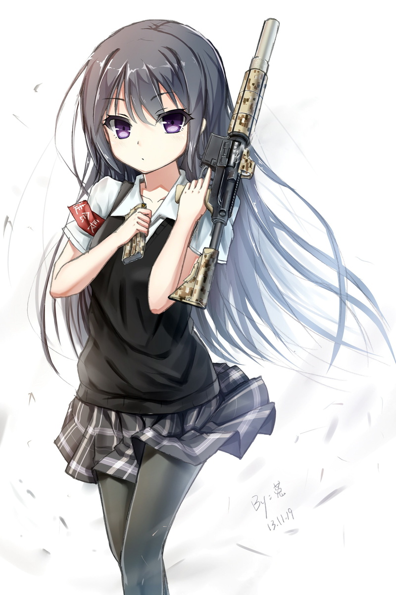 anime, weapon, AR-15, gun, purple eyes, long hair, 2K, anime girls
