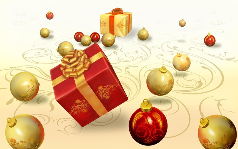 gold, 1080P, present, presents, balls, decorations, wrapped, 3d and abstract
