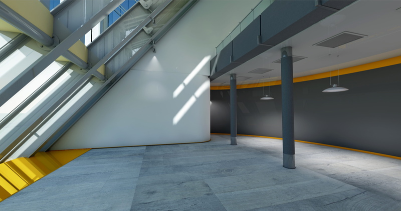 foyer, railing, built structure, illuminated, mode of transportation, absence, ceiling, within, presentation, flooring, architectural column, interior