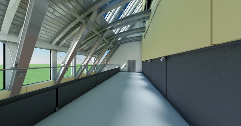 footpath, silver colored, 3d, input, glass - material, glass, fair, no people, gallery, ceiling, day, architecture, lobby, 4K, business, elevated walkway