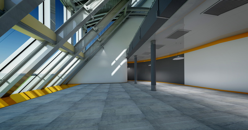 foyer, gray, architectural column, warehouse, tiled floor, alloy, 3d, entrance, domestic room, light, city, indoors, architecture, railing, transportation