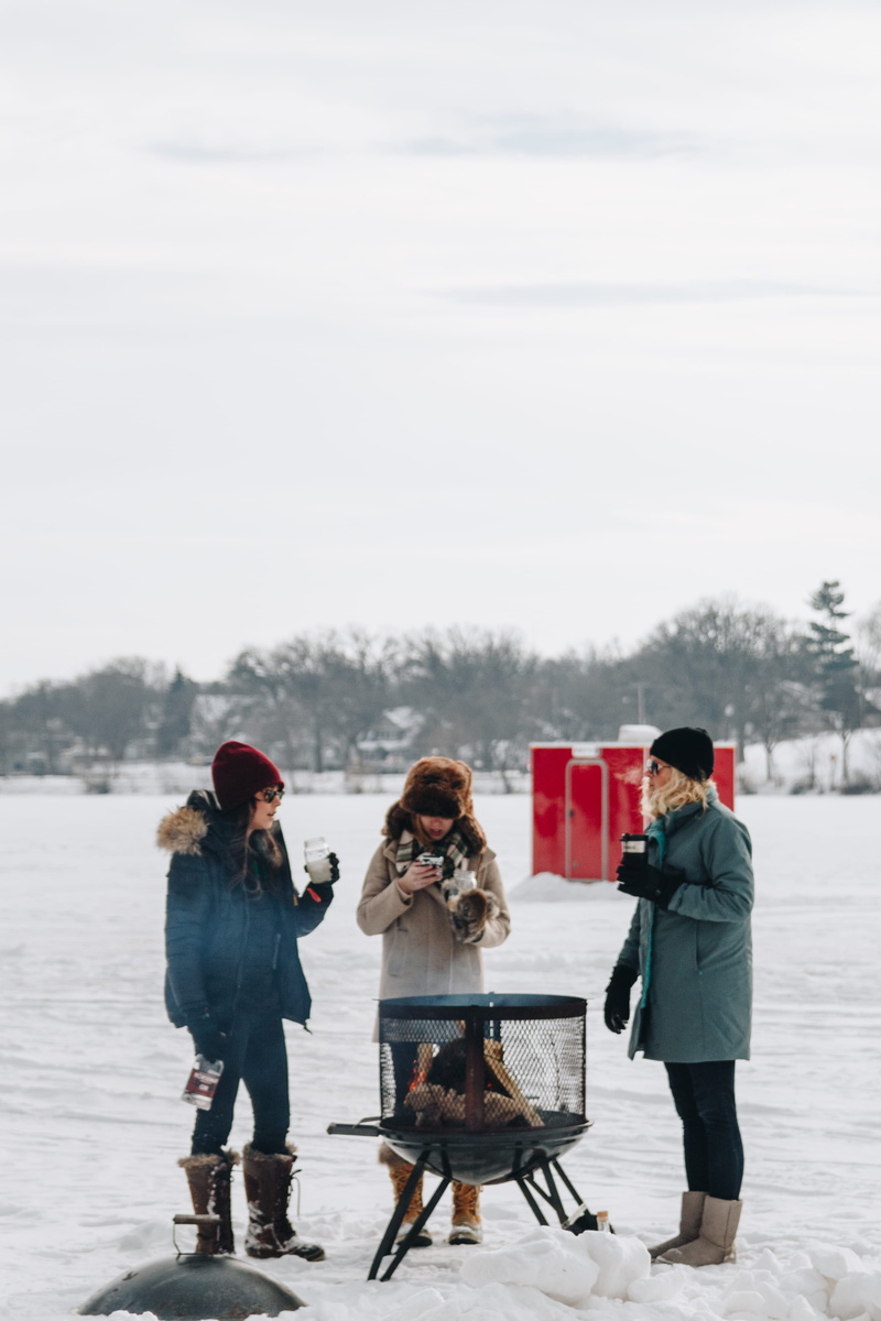 outdoors, lake, footwear, sunglasses, apparel, leisure activity, people, accessory, fire, frozen lake, pit, young adult, togetherness, nature, photography
