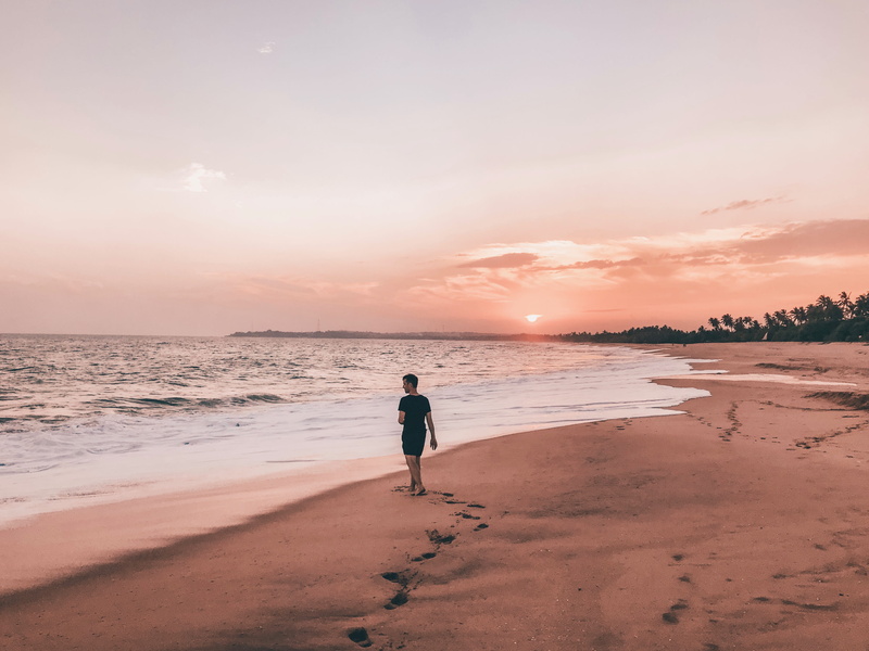 accessories, sunset, people, person, sky, soil, beach, land, rear view, leisure activity, human, outdoors, horizon, sea, man, scenics - nature, 4K, accessory