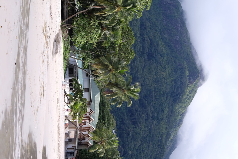seychelles, green color, outdoors, ocean, beach, high angle view, mountain, water, scenics - nature, fog, plant, land, tree, sky, no people, beauty in nature
