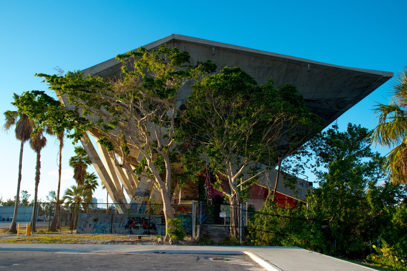 blue, abandon, clear sky, tree, palm tree, growth, building exterior, outdoors, sky, built structure, tropical climate, plant, key biscayne, road, architecture