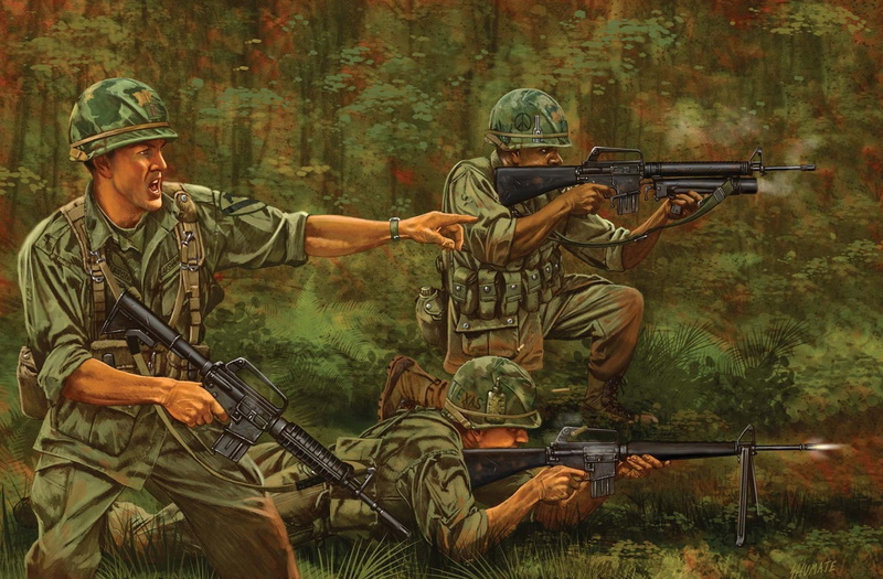 equipment, illustration, Vietnam, soldiers, 1080P, jungle, riffle, shooting, M-16, modification, figure, rifle, three, U.S., art