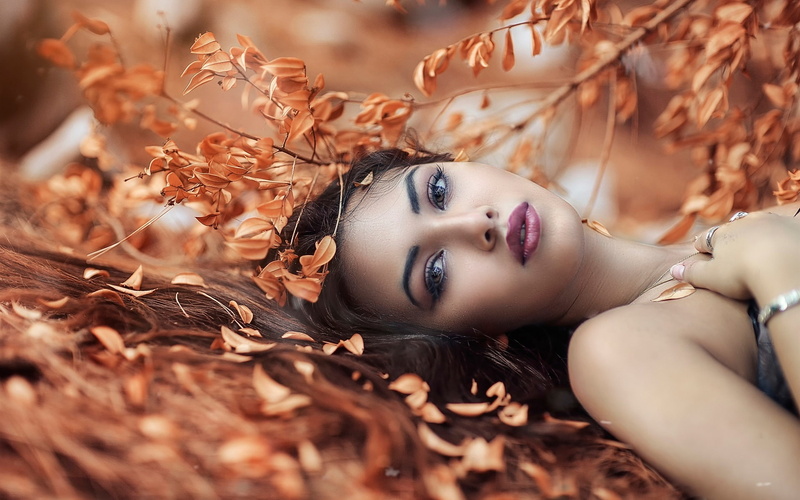 Girl, Lying, Autumn, Leaves, 1080P, Ground