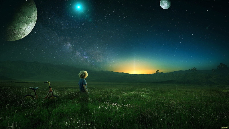 Field, standing, moon, landscape, Artistic, outdoors, sky, Little Boy, plant, nature, full moon, space and astronomy, Photography, space, land, Stars, Bicycle