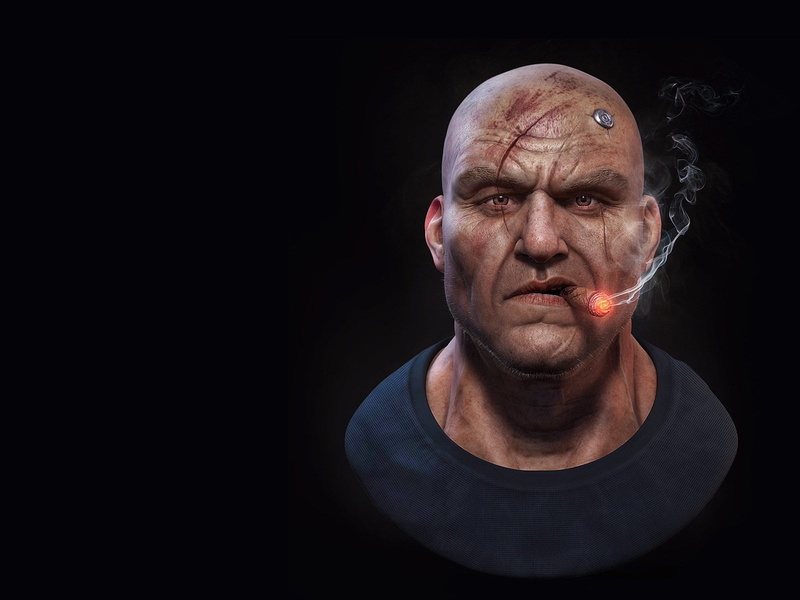 human face, serious, studio shot, completely bald, evil, indoors, men, mature adult, looking at camera, copy space, mature men, dark, front view, one person