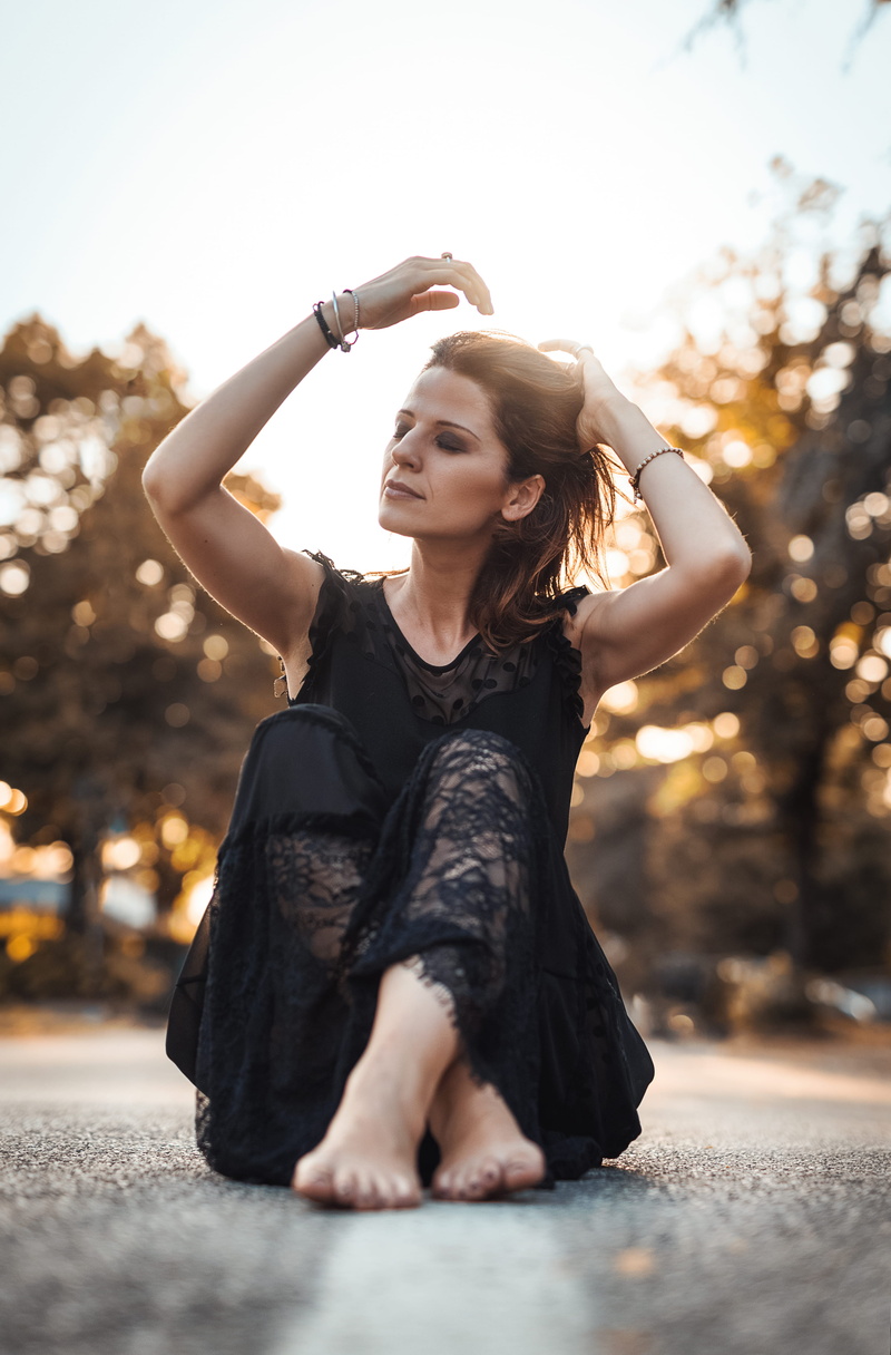 beautiful, model, bokeh, smiling, people, eye shadow, park - Man Made Space, bracelet, style, dress, nature, sitting, street, urban Scene, sunlight, road
