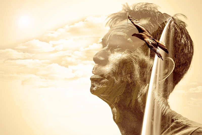 body part, art and craft, sunlight, sun, man, adler, sky, in thoughts, one person, nature, profile view, waterfall, cloud - sky, landscape, composing