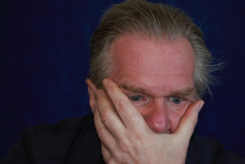 sadness, human body part, mouth, think, person, direction, mature men, receding hairline, blue background, black background, contemplation, thinking, studio shot