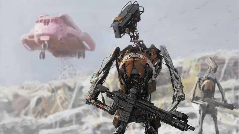 2K, day, transportation, animal, robot, metal, close-up, holding, black, no people, government, winter, nature, science fiction, gray, hanging, rifle