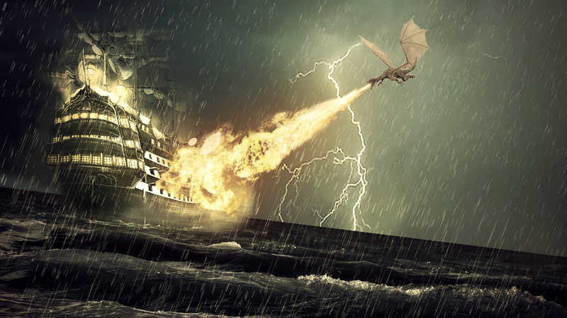 dragon, illustration, built structure, power, architecture, building exterior, outdoors, accidents and disasters, no people, nature, night, storm, destruction