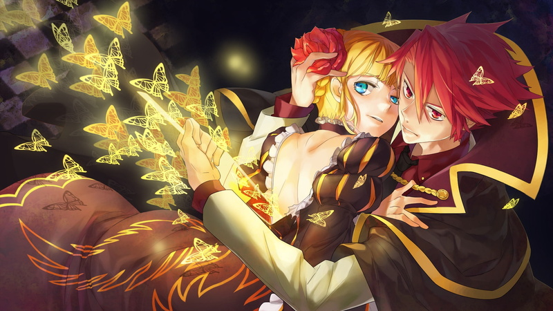 blondes, butterflies, 1080P, eyes, blue, umineko, hd, koro, redheads, ni, art, animals, naku, witch, couple, weapons, braid, flowers, dress, red