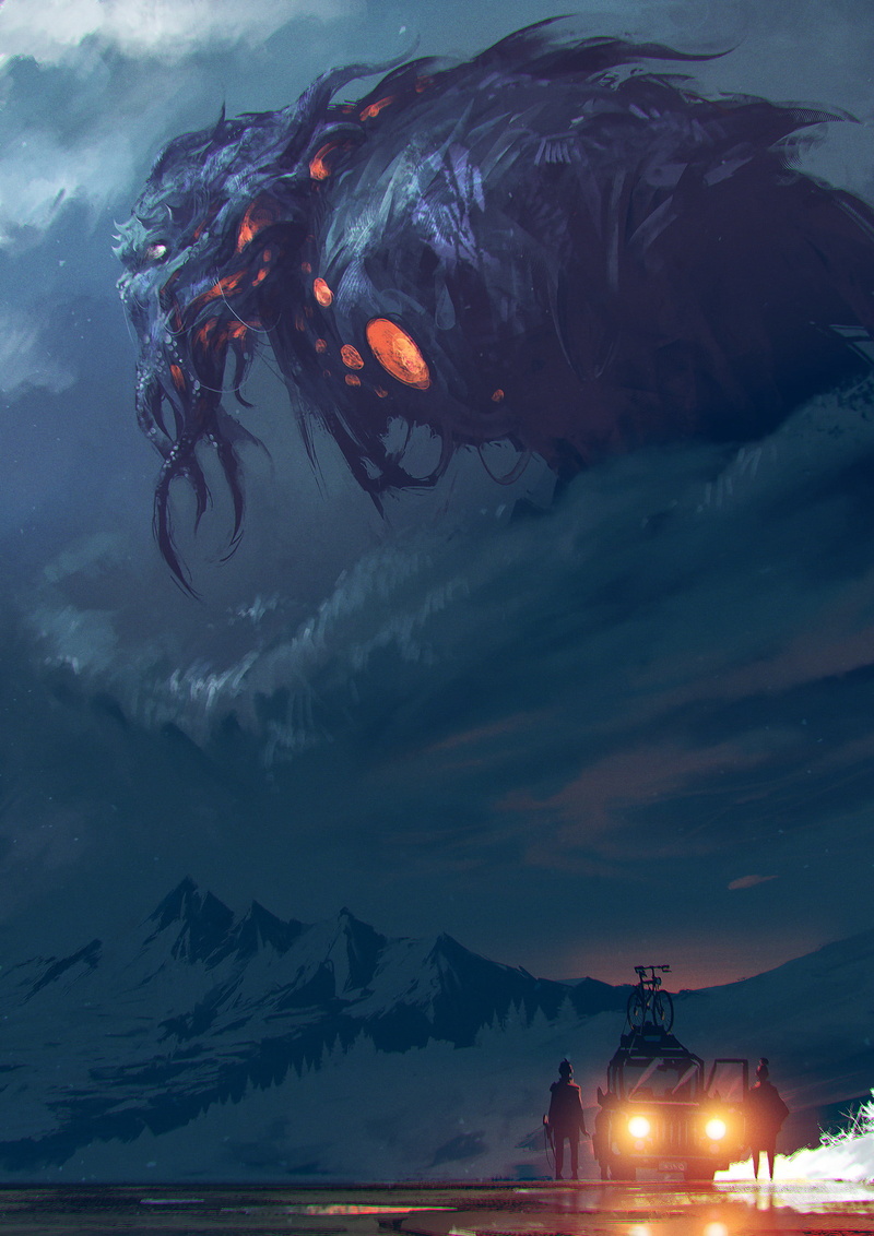 nature, creature, 2K, digital art, H. P. Lovecraft, mountains, clouds