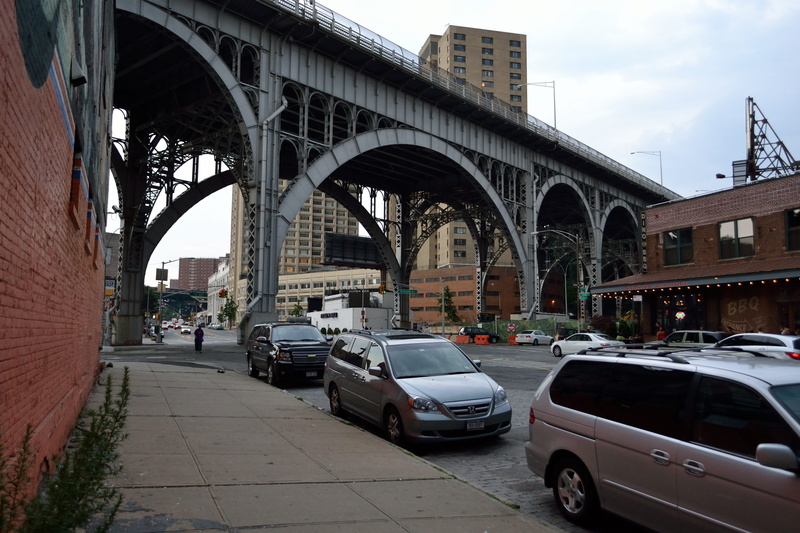 city, above ground, angle, building, iron, exterior, overpass, architecture, new york, transportation, direction, arch bridge, motor vehicle, car, bridge - man made structure
