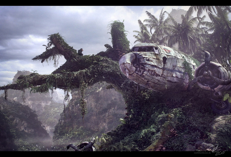 tree, mode of transportation, plant, Douglas DC-3, water, no people, sky, palm trees, palm tree, rock, outdoors, wreck, jungle, transfer print, detailed
