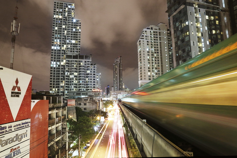street, time, skytrain, photography, light, on the move, office building exterior, no people, lapse, car, mode of transportation, cityscape, sky, night