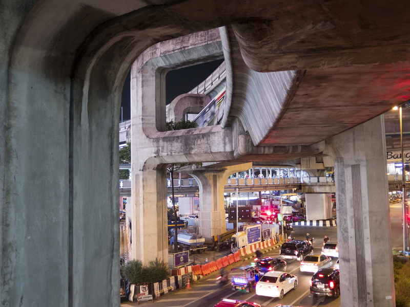 store, outdoors, illuminated, Skytrain, street, Bangkok, ceiling, thailand, built structure, day, architecture, night city, land vehicle, skytrain, car